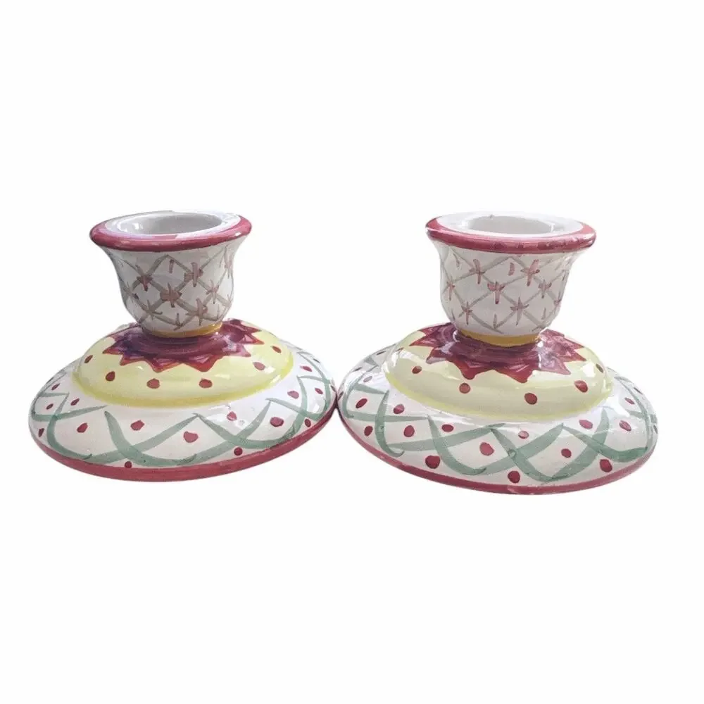Vintage Set of 2 Boho Colorful Ceramic Candleholders￼
